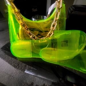 Neon green Forever 21 slides with matching purse